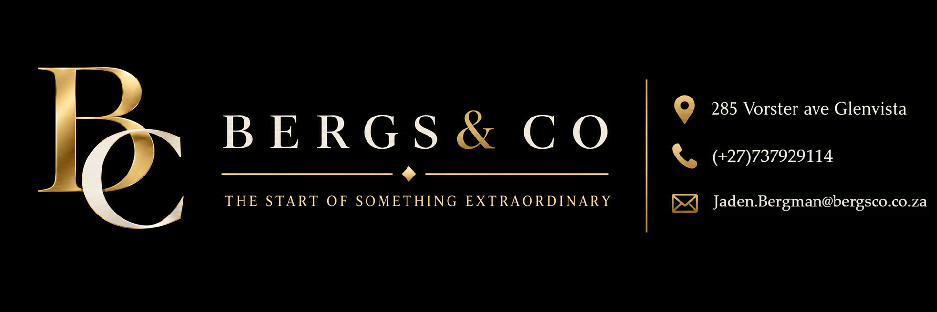 Bergs & Co logo — gold and white interlocking BC monogram with the slogan The Start Of Something Extraordinary