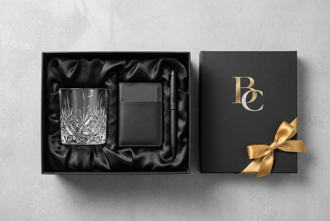 Open black executive gift box lined with satin, holding a crystal tumbler, leather card holder and pen, beside a lid foil-stamped with the gold BC monogram