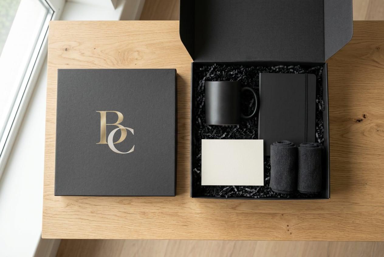 Open black onboarding gift box with a mug, notebook, rolled socks and a welcome card, beside a lid printed with the BC monogram