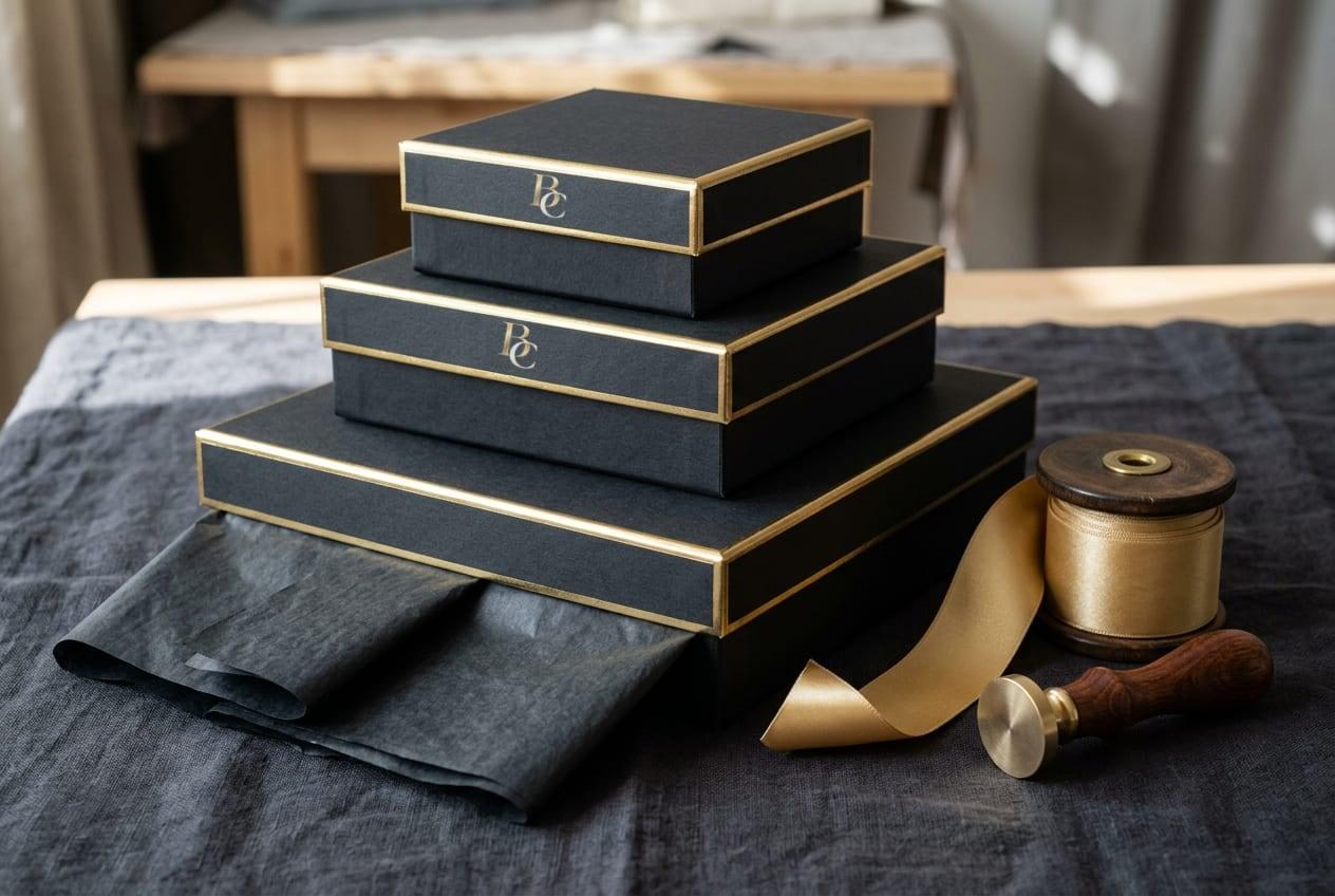 Stack of gold-edged black presentation boxes foil-stamped with the BC monogram, with black tissue, gold satin ribbon and a wax seal stamp