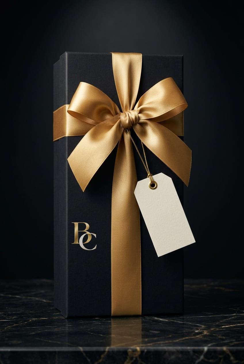 Tall black gift box tied with a wide gold satin ribbon and bow, with the gold BC monogram on its face and a blank ivory tag