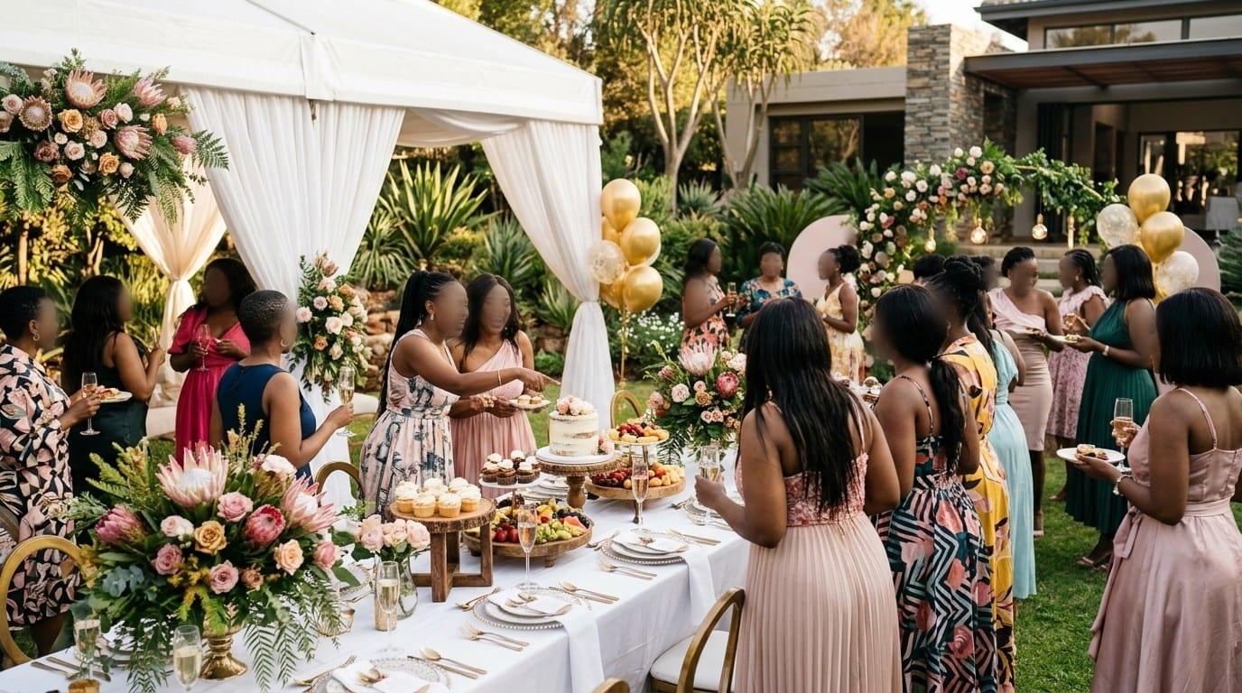 Women in summer dresses gathered around a garden table set with a floral cake, cupcakes, bubbly, proteas and gold balloons