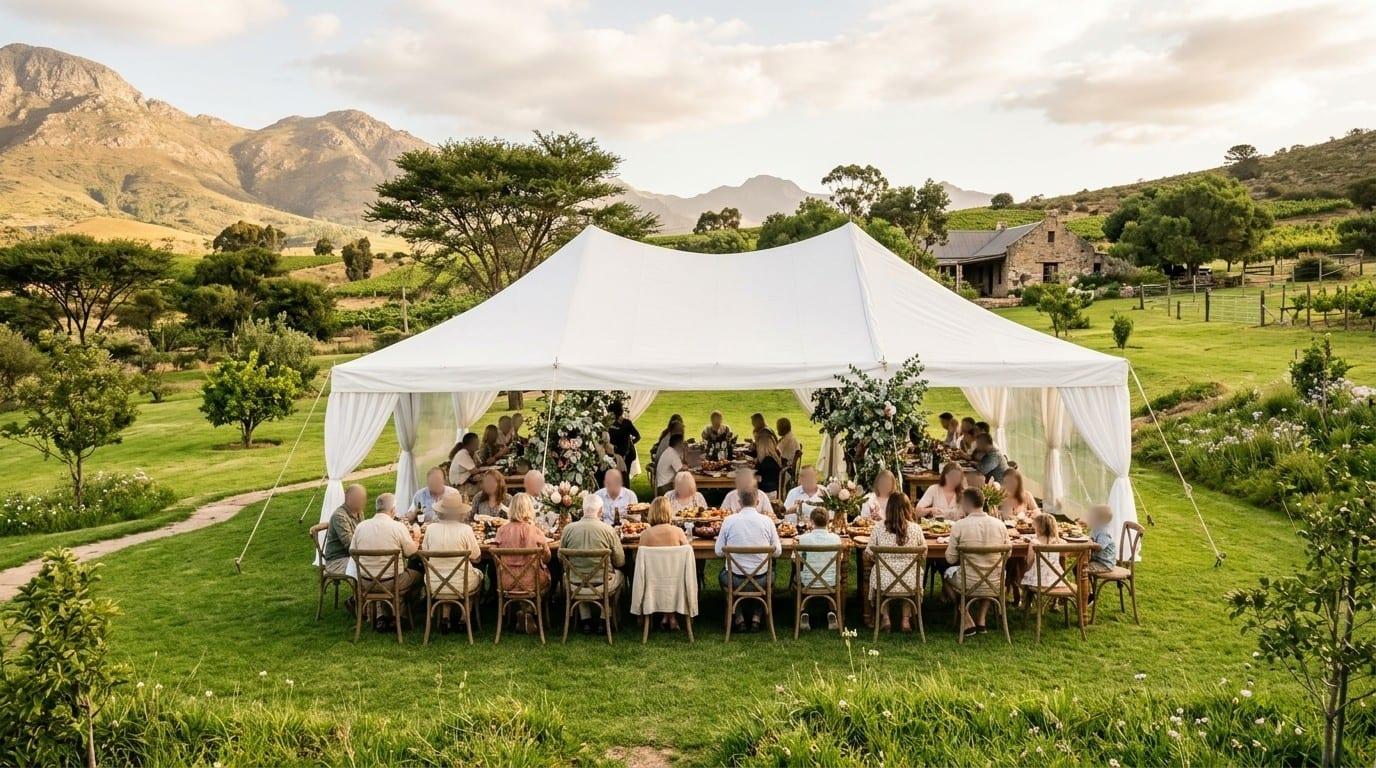A multigenerational family seated at long tables under an open white marquee on a farm lawn, with mountains and a stone farmhouse behind