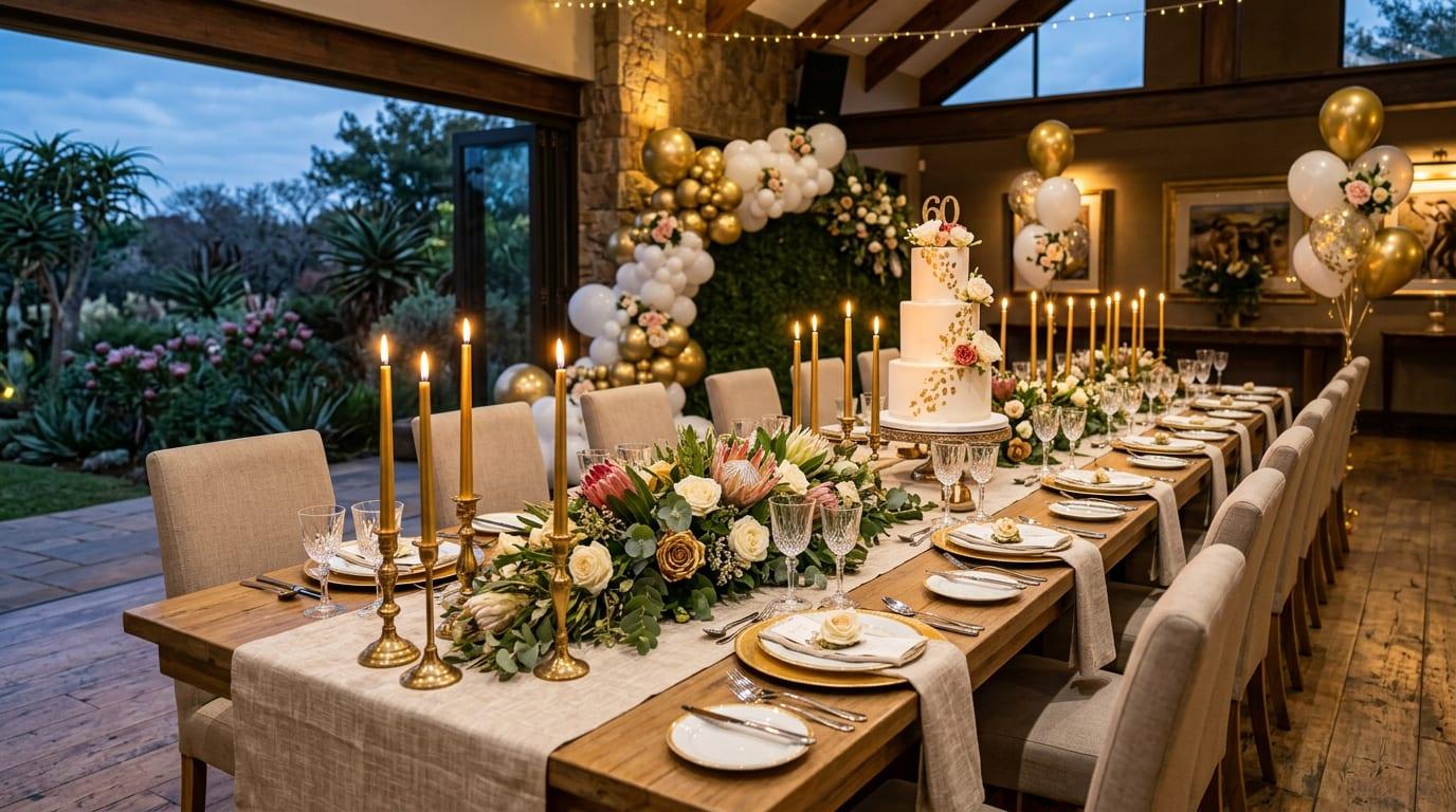 A long birthday dinner table with a tiered cake, tall gold candles, proteas and a gold and white balloon arch