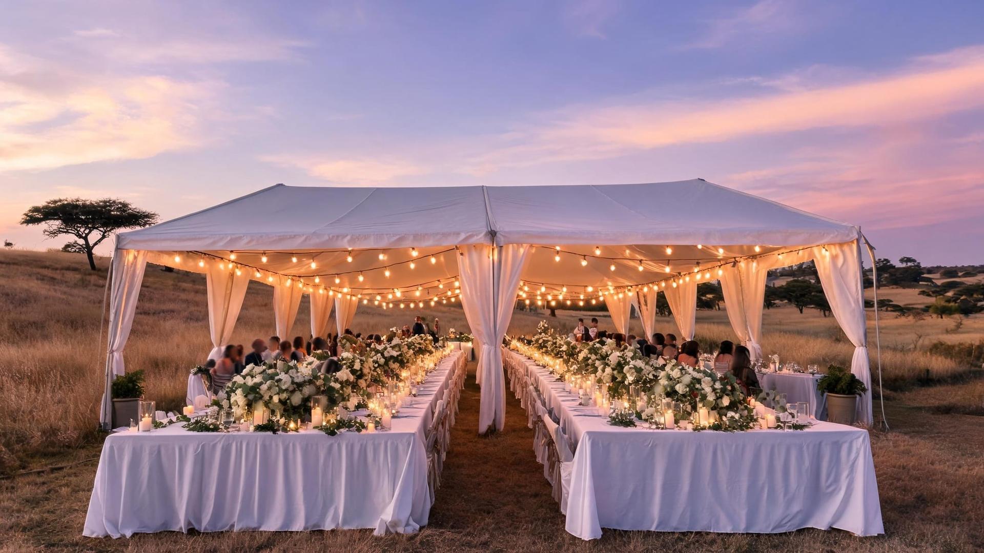 An open white marquee in grassland at dusk, long tables dressed with white linen, florals and candles beneath festoon lights