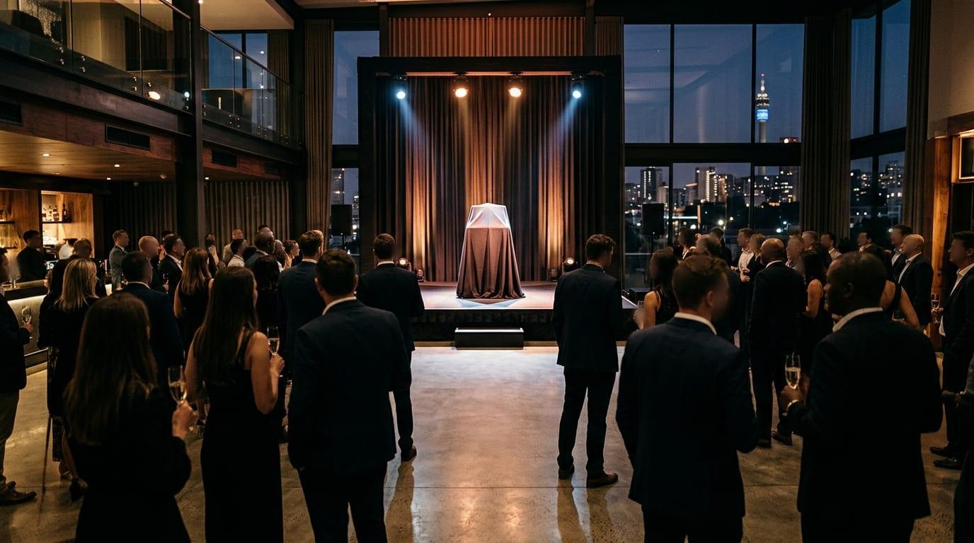 Guests in evening wear gathered before a spotlit stage with a draped plinth, the Johannesburg skyline visible through tall windows