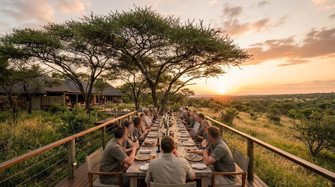 A team seated along a long table on a lodge deck overlooking bushveld and acacia trees at sunset