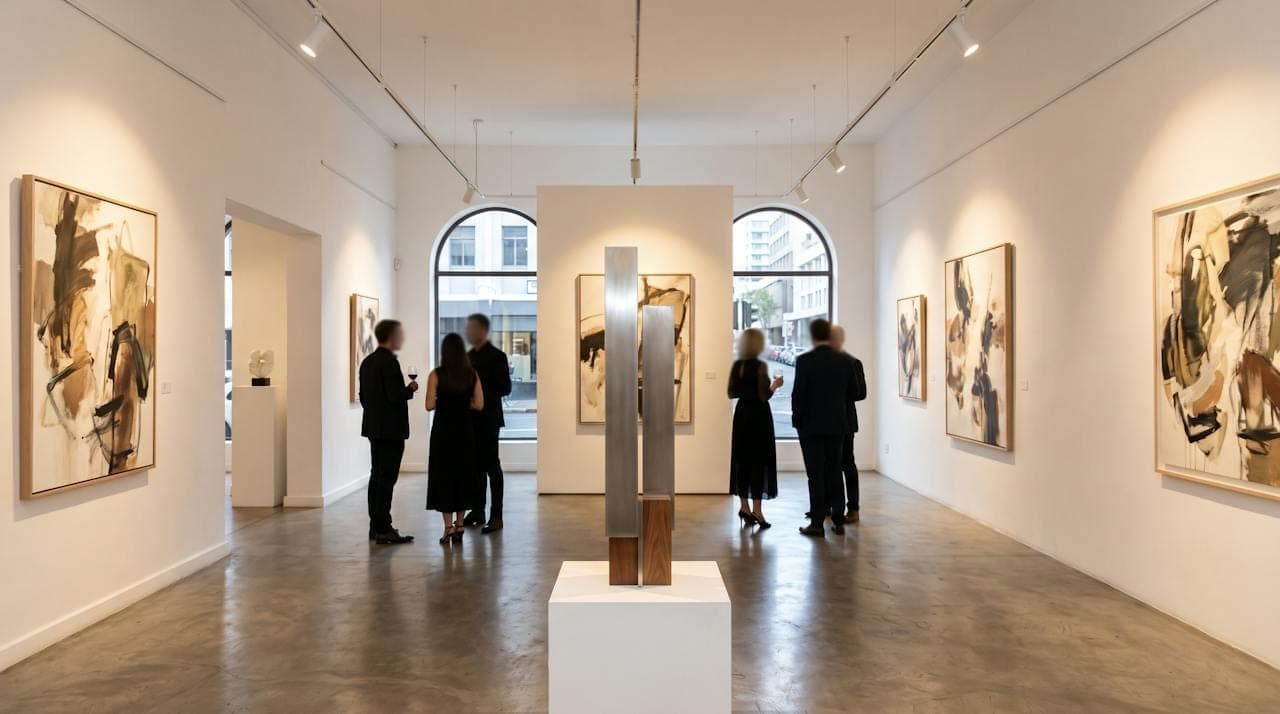 A white-walled gallery with large abstract paintings and a steel sculpture on a plinth, guests in evening wear talking in small groups