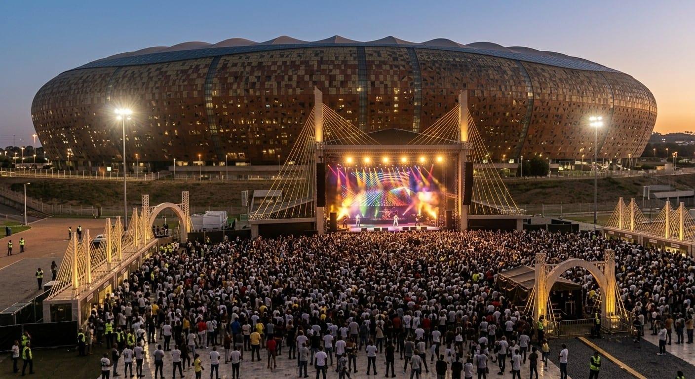 An evening concert on an outdoor stage in front of a large stadium, a big crowd filling the forecourt under the lights