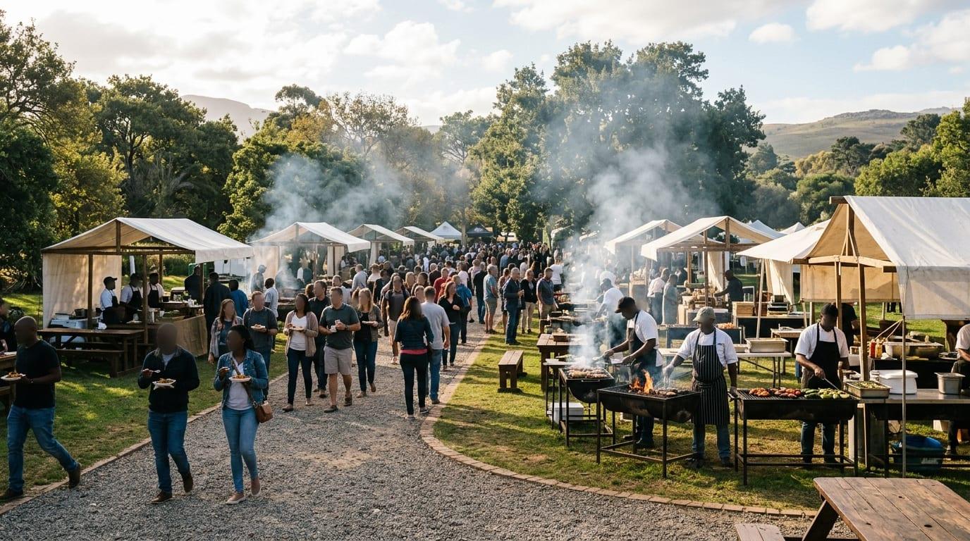 An outdoor food festival with canvas stalls, chefs cooking over smoking grills and visitors walking along a gravel path
