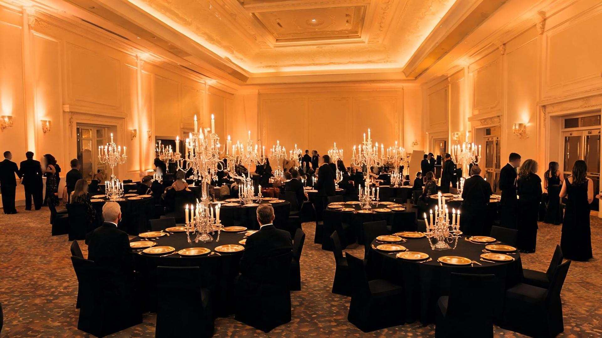 A ballroom set for a black-tie gala, with black-linen round tables, gold chargers and tall candelabra centrepieces under warm light