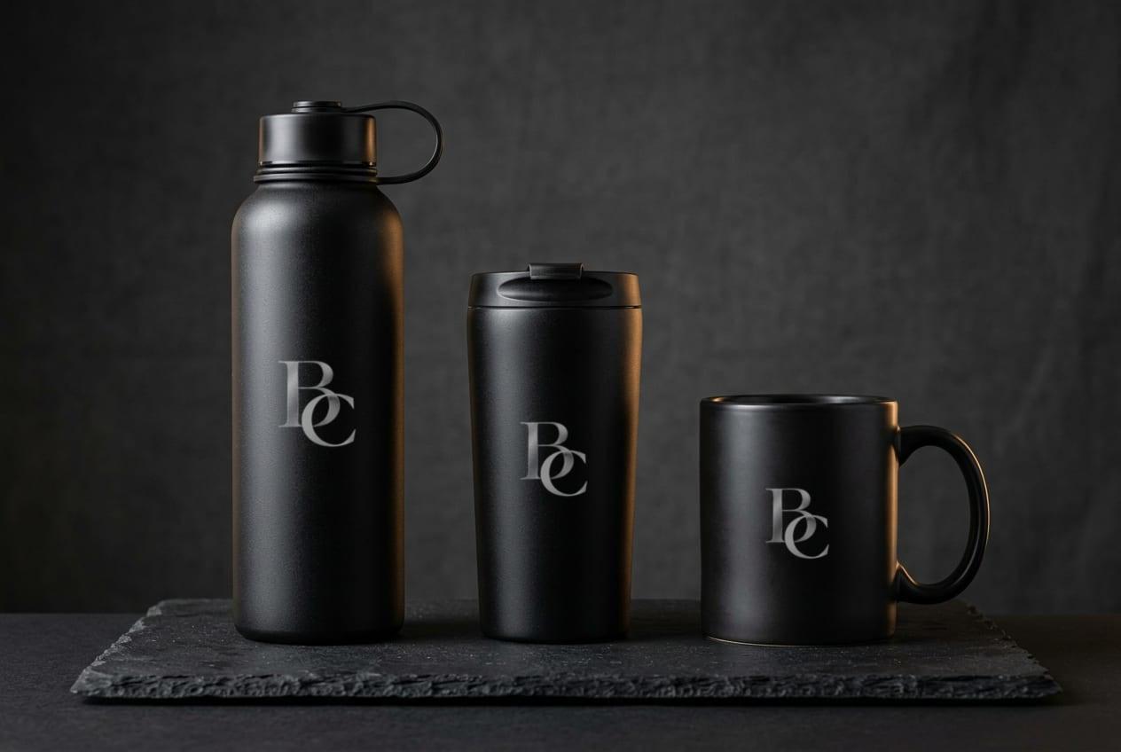 Matte black insulated bottle, travel mug and ceramic mug on a slate plinth, each laser-engraved with the BC monogram