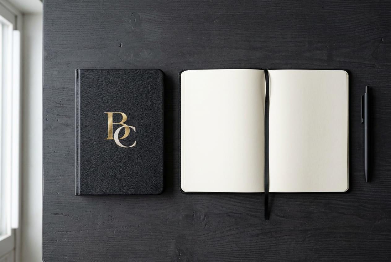 Black hardcover notebook foil-stamped with the gold BC monogram beside an open notebook with blank ivory pages and a black pen