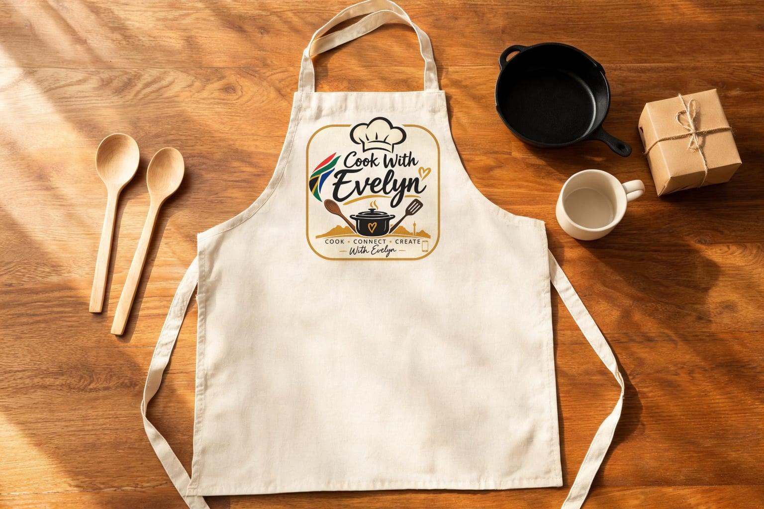 Cream canvas apron printed with the Cook With Evelyn badge on the bib, laid on a wooden table beside wooden spoons, a cast-iron pan, a mug and a kraft gift box