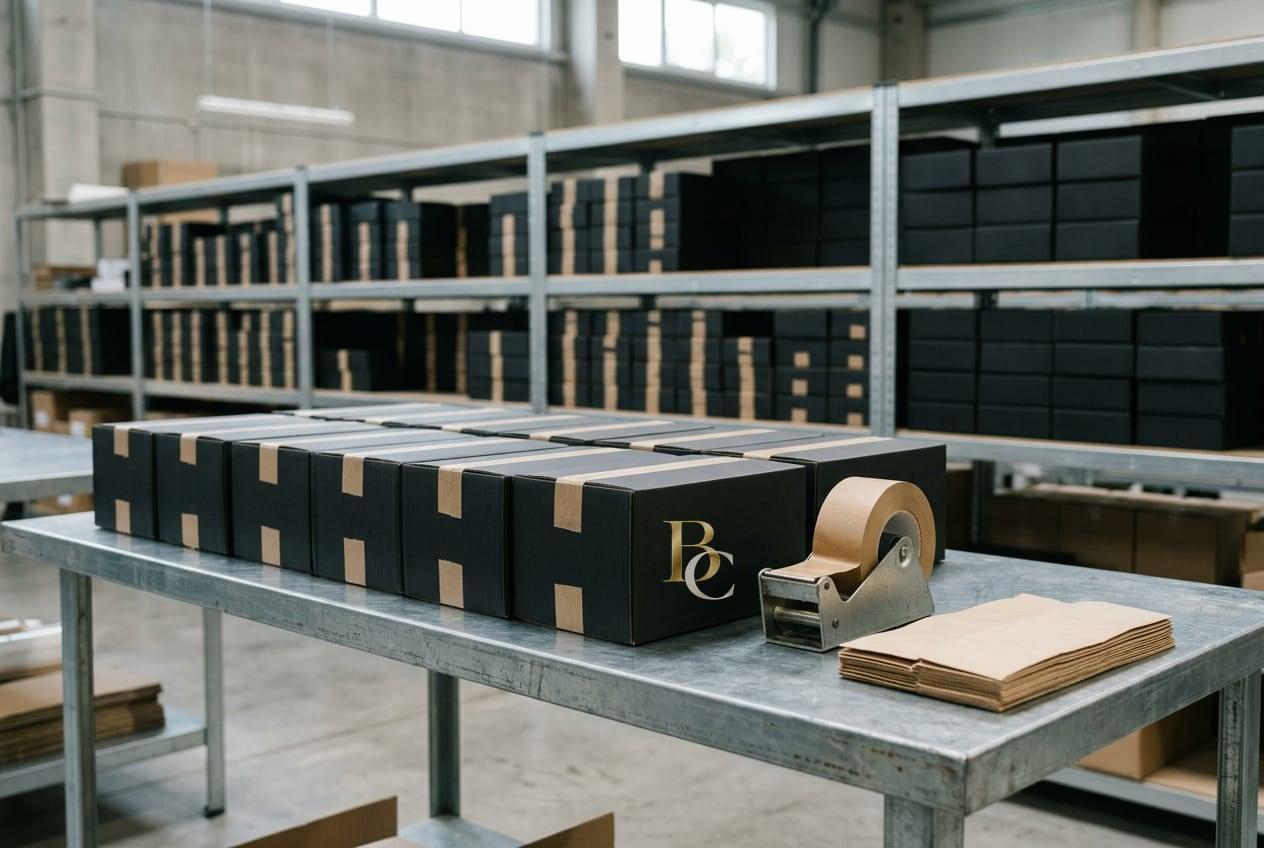 Warehouse packing table lined with sealed black shipping boxes printed with the BC monogram, with packing tape and kraft paper