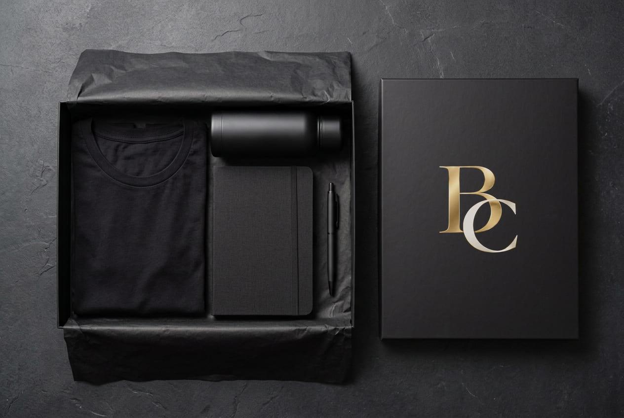Open black presentation box holding a folded T-shirt, notebook, pen and bottle, beside its lid foil-stamped with the gold BC monogram