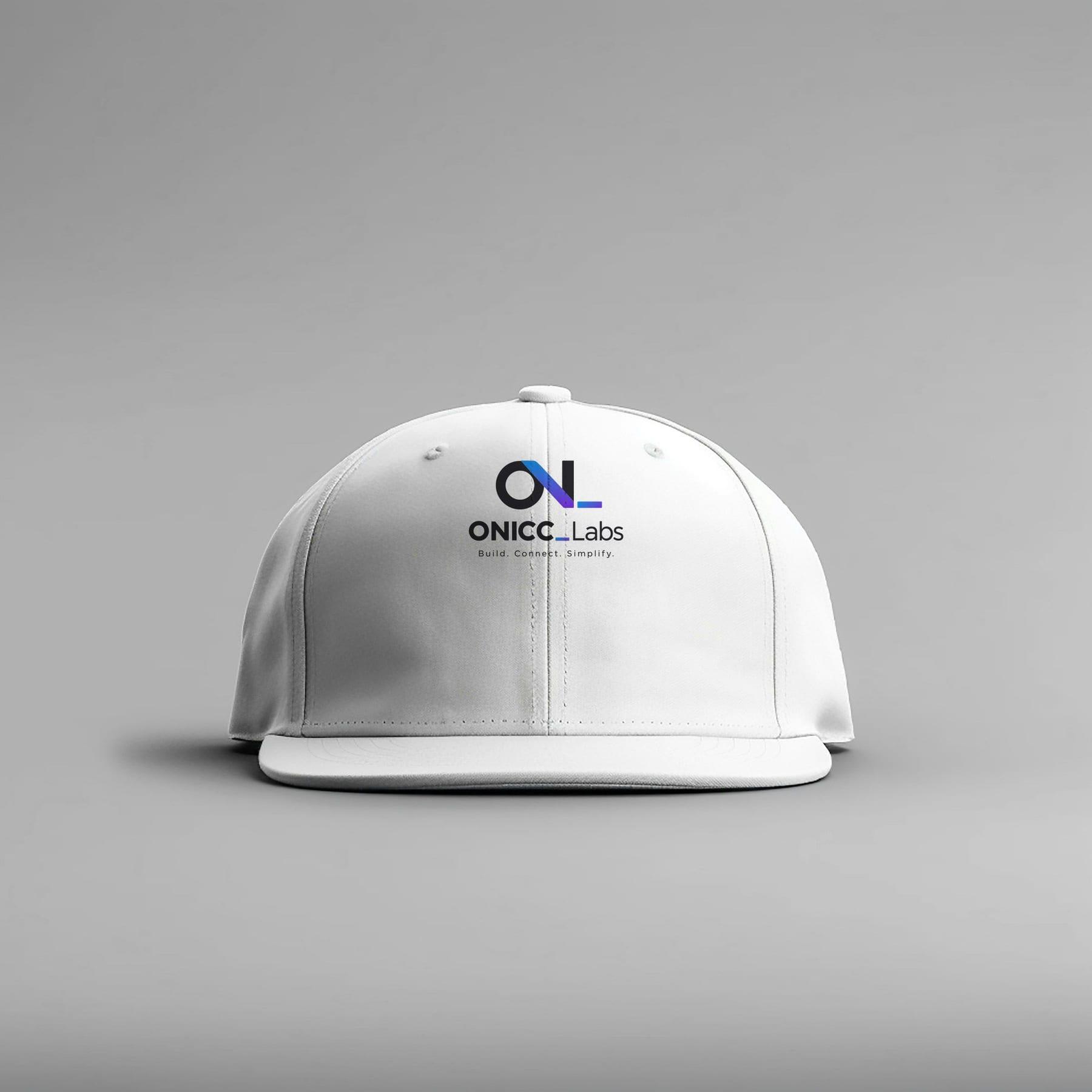 White structured cap with the ONICC Labs logo embroidered on the front panel