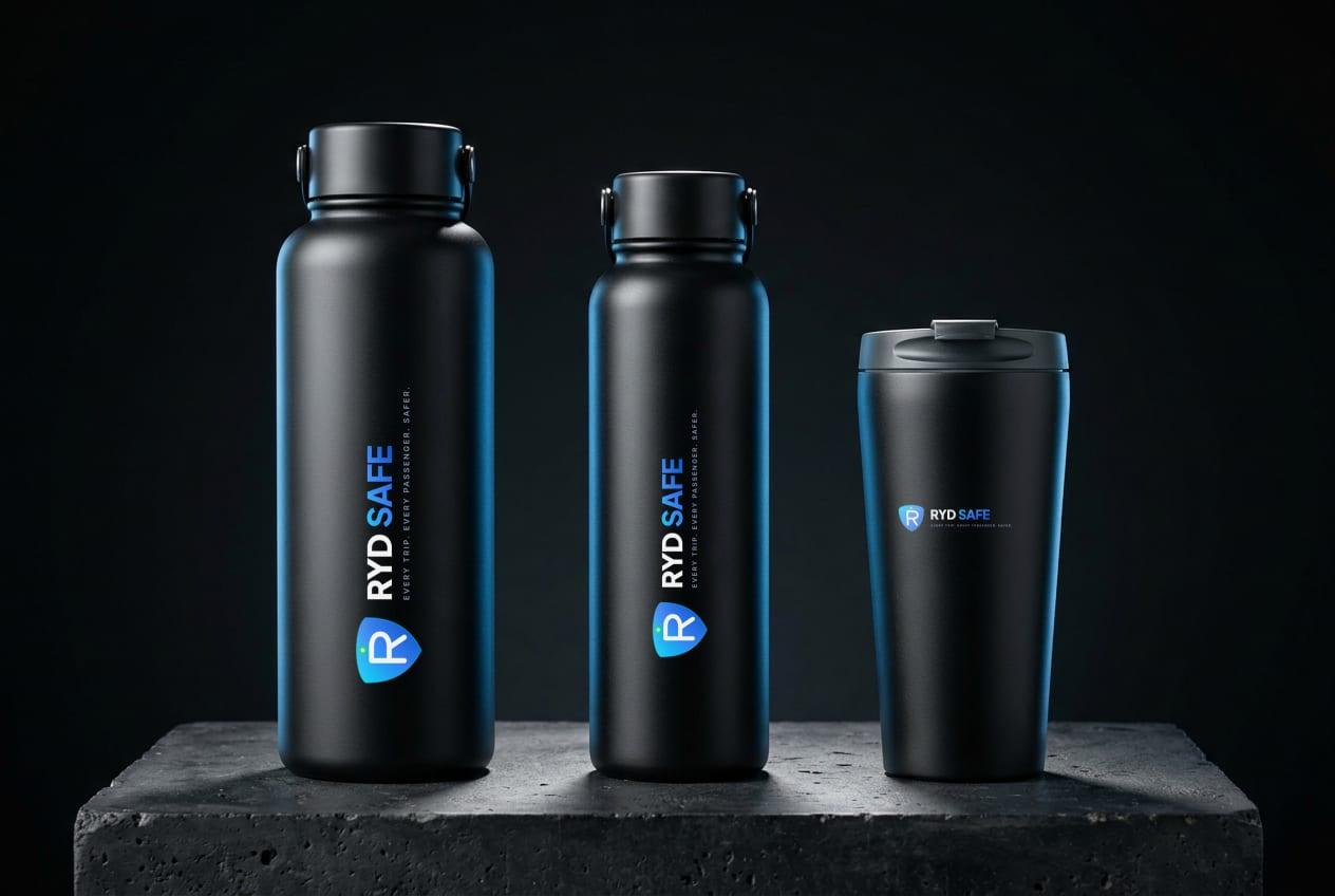 Two matte black insulated bottles printed with the RYD SAFE logo running up the side, and a matching travel tumbler, on a concrete plinth