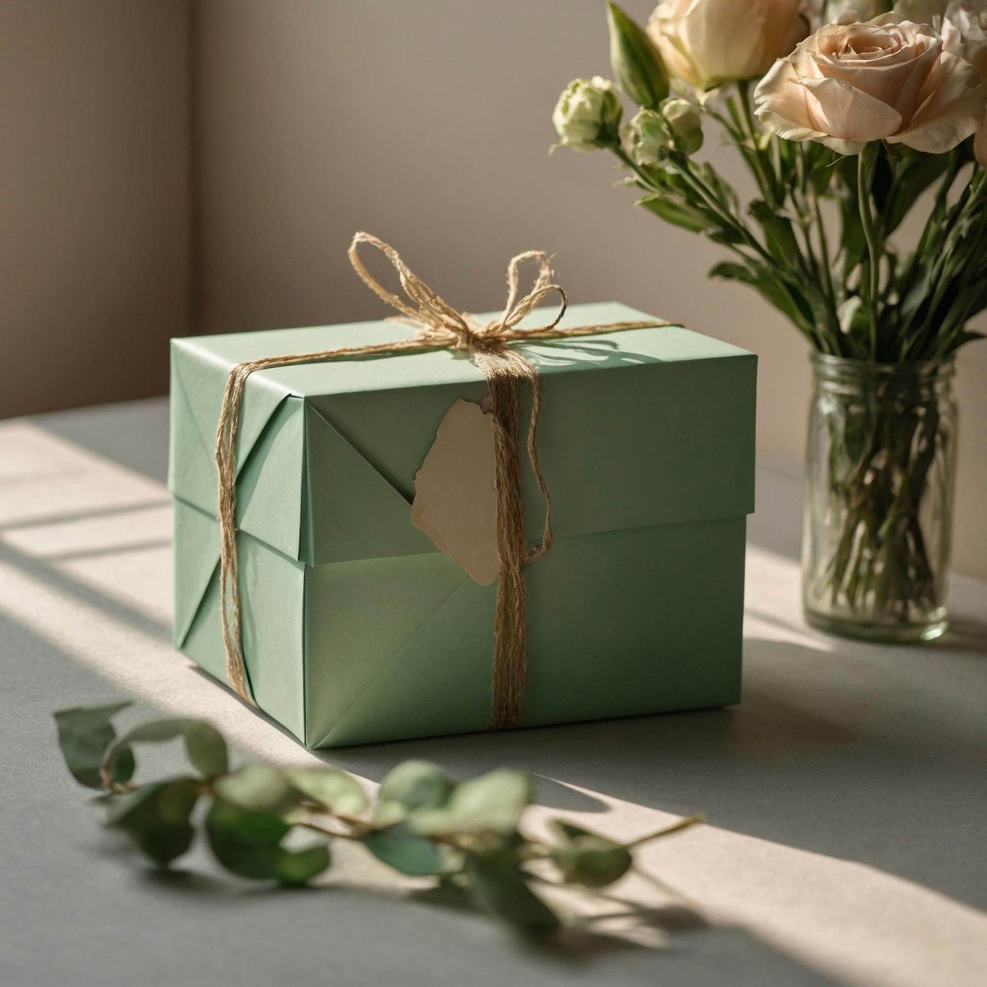 A sage-green gift box tied with twine and a tag