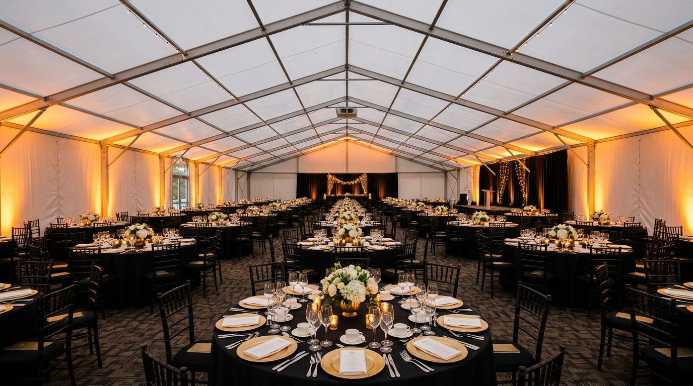 Inside a large white frame marquee set for a gala dinner with black linen, gold chargers and amber uplighting