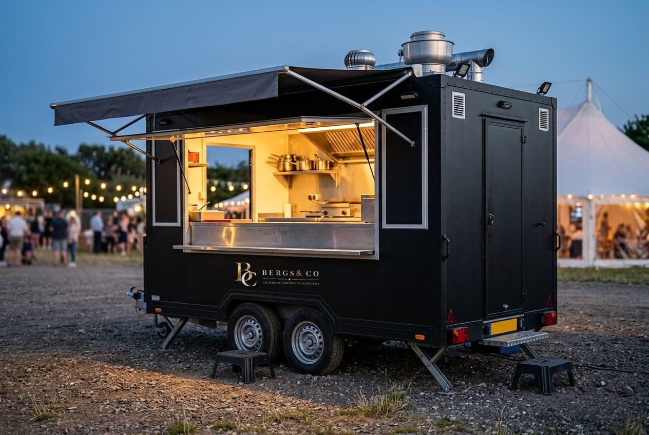 A black mobile kitchen trailer with its serving hatch open, warm light inside and the gold Bergs & Co lockup below the counter, at an evening event