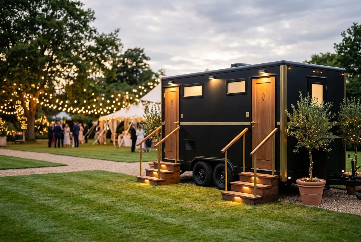 A black luxury mobile toilet trailer with brass trim and lit entrance steps at an evening garden event