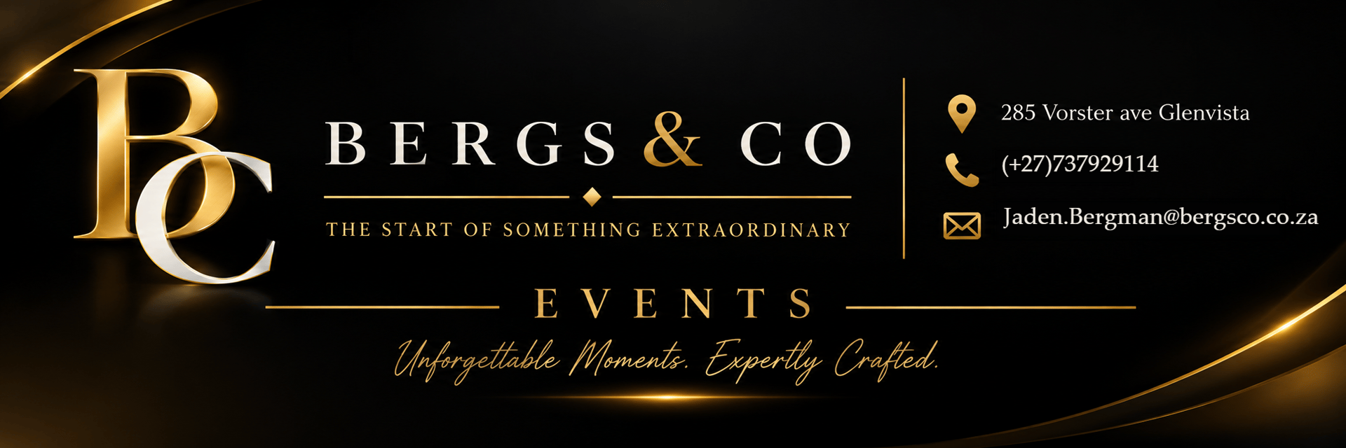 Bergs & Co Events logo — BC monogram, Bergs & Co wordmark, EVENTS and the script slogan Unforgettable Moments. Expertly Crafted.