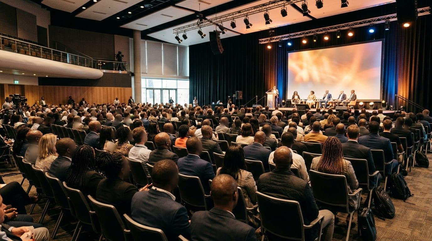 A conference hall with delegates seated in rows facing a lit stage where a panel sits beneath a large screen